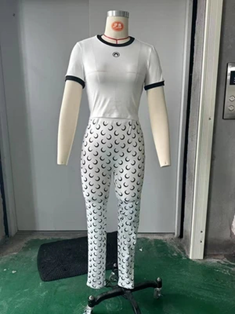 Moon Printed Sports 2 Piece Set Women Sleeveless Crop Top and Skinny Pant Suits 2025 Summer Street Fitness Outfits