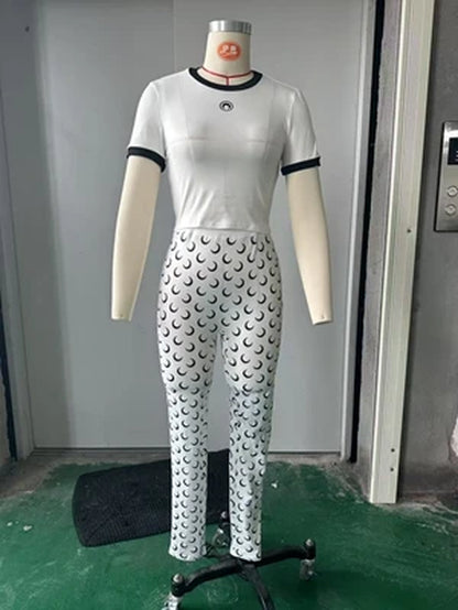 Moon Printed Sports 2 Piece Set Women Sleeveless Crop Top and Skinny Pant Suits 2025 Summer Street Fitness Outfits