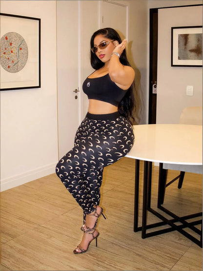 Moon Printed Sports 2 Piece Set Women Sleeveless Crop Top and Skinny Pant Suits 2025 Summer Street Fitness Outfits