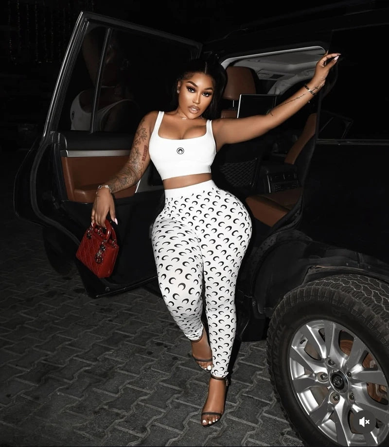 Moon Printed Sports 2 Piece Set Women Sleeveless Crop Top and Skinny Pant Suits 2025 Summer Street Fitness Outfits