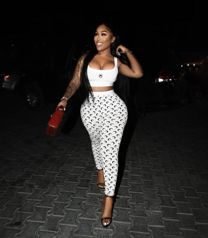 Moon Printed Sports 2 Piece Set Women Sleeveless Crop Top and Skinny Pant Suits 2025 Summer Street Fitness Outfits