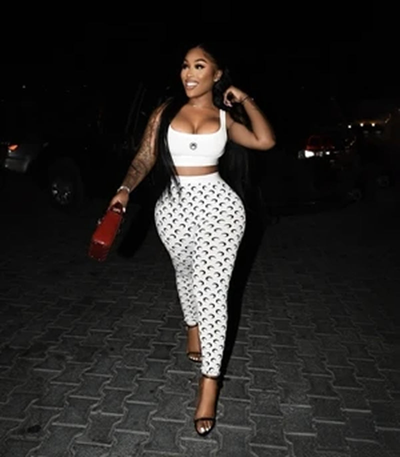 Moon Printed Sports 2 Piece Set Women Sleeveless Crop Top and Skinny Pant Suits 2025 Summer Street Fitness Outfits
