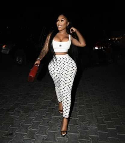 Moon Printed Sports 2 Piece Set Women Sleeveless Crop Top and Skinny Pant Suits 2025 Summer Street Fitness Outfits