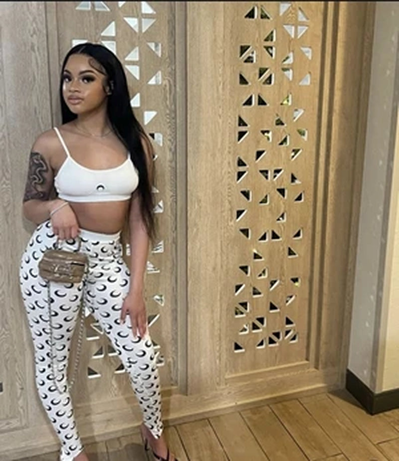 Moon Printed Sports 2 Piece Set Women Sleeveless Crop Top and Skinny Pant Suits 2025 Summer Street Fitness Outfits