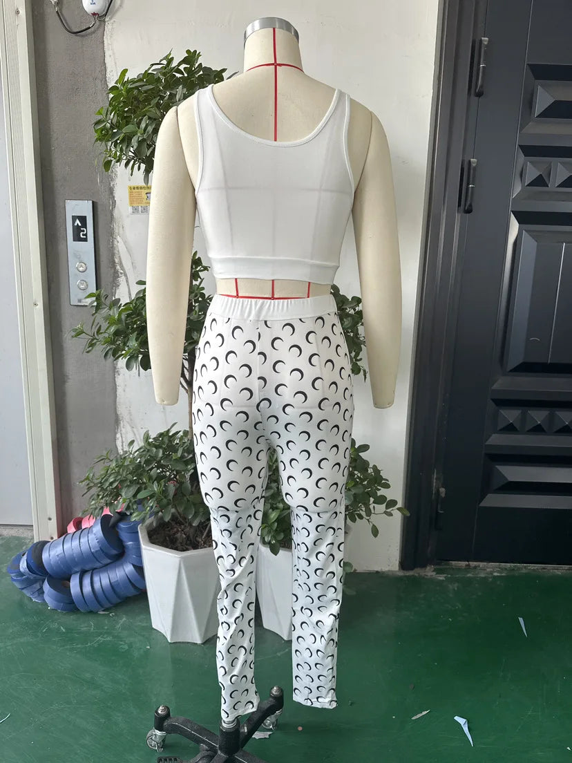 Moon Printed Sports 2 Piece Set Women Sleeveless Crop Top and Skinny Pant Suits 2025 Summer Street Fitness Outfits