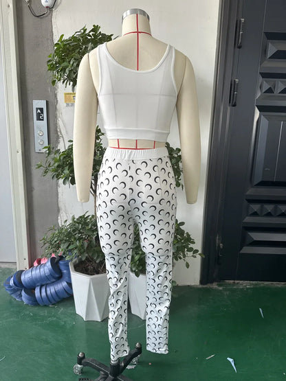 Moon Printed Sports 2 Piece Set Women Sleeveless Crop Top and Skinny Pant Suits 2025 Summer Street Fitness Outfits