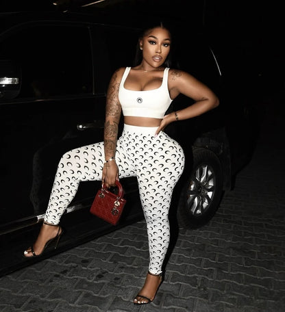 Moon Printed Sports 2 Piece Set Women Sleeveless Crop Top and Skinny Pant Suits 2025 Summer Street Fitness Outfits
