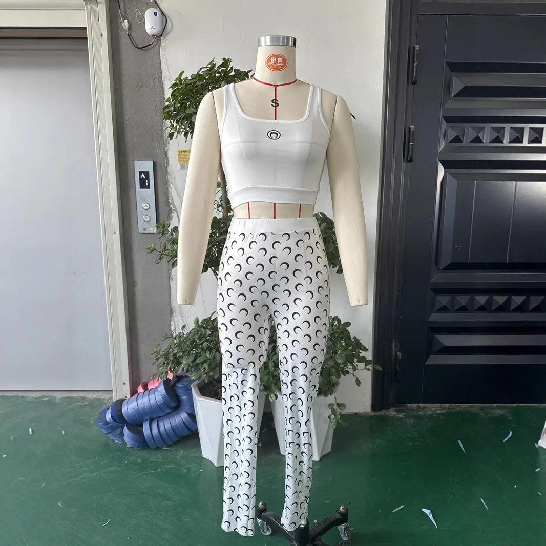 Moon Printed Sports 2 Piece Set Women Sleeveless Crop Top and Skinny Pant Suits 2025 Summer Street Fitness Outfits
