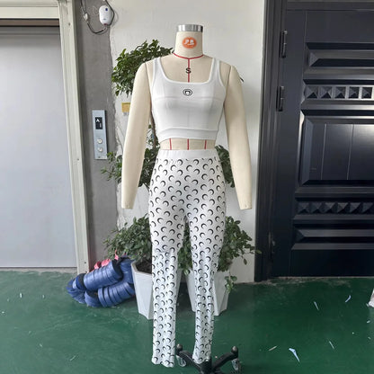 Moon Printed Sports 2 Piece Set Women Sleeveless Crop Top and Skinny Pant Suits 2025 Summer Street Fitness Outfits