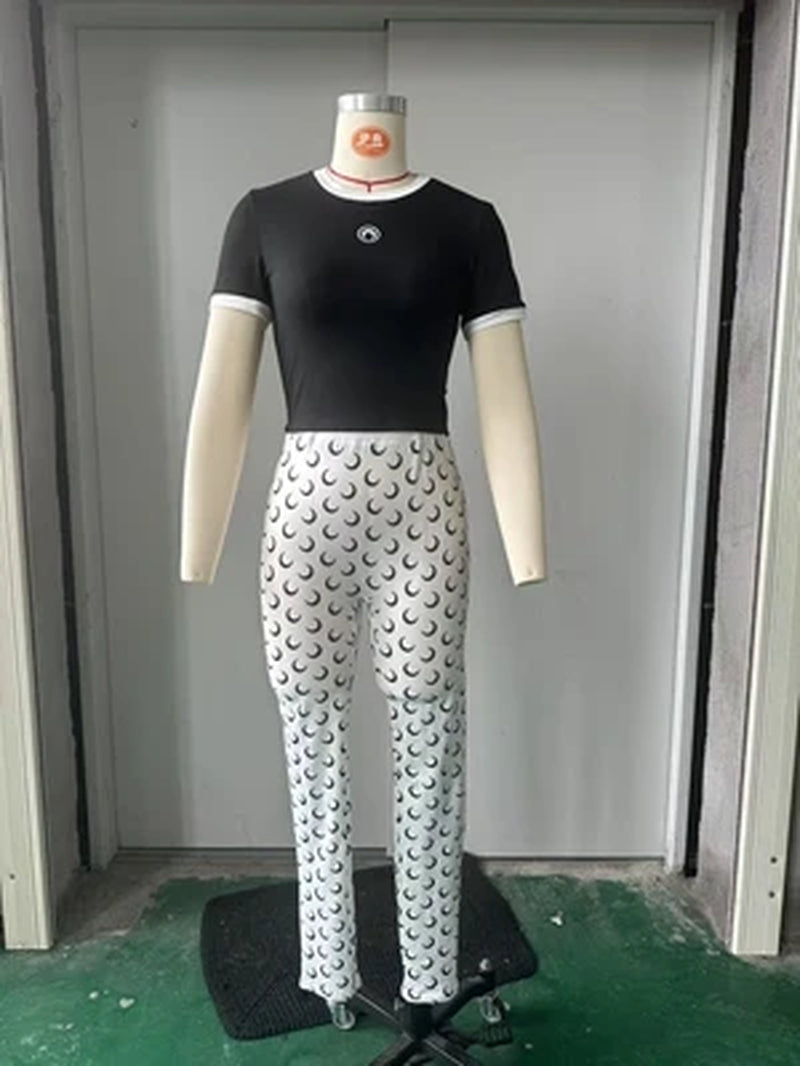 Moon Printed Sports 2 Piece Set Women Sleeveless Crop Top and Skinny Pant Suits 2025 Summer Street Fitness Outfits