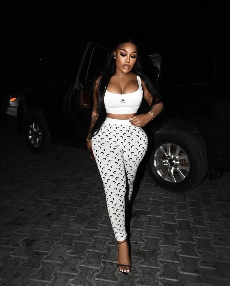Moon Printed Sports 2 Piece Set Women Sleeveless Crop Top and Skinny Pant Suits 2025 Summer Street Fitness Outfits